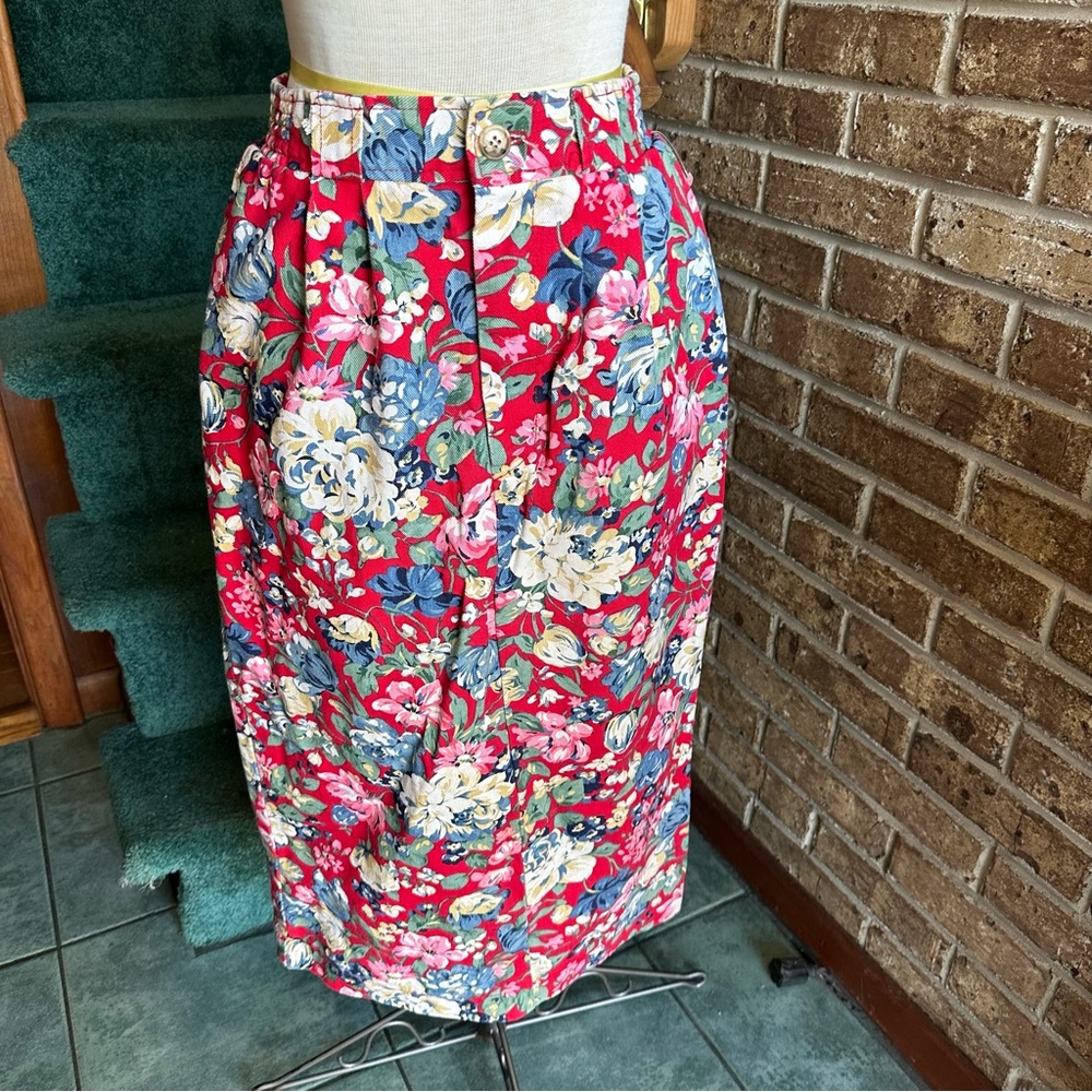 VTG 80s Retro Norm Thompson Jean Denim Cottagecore Floral Red Midi Maxi Skirt